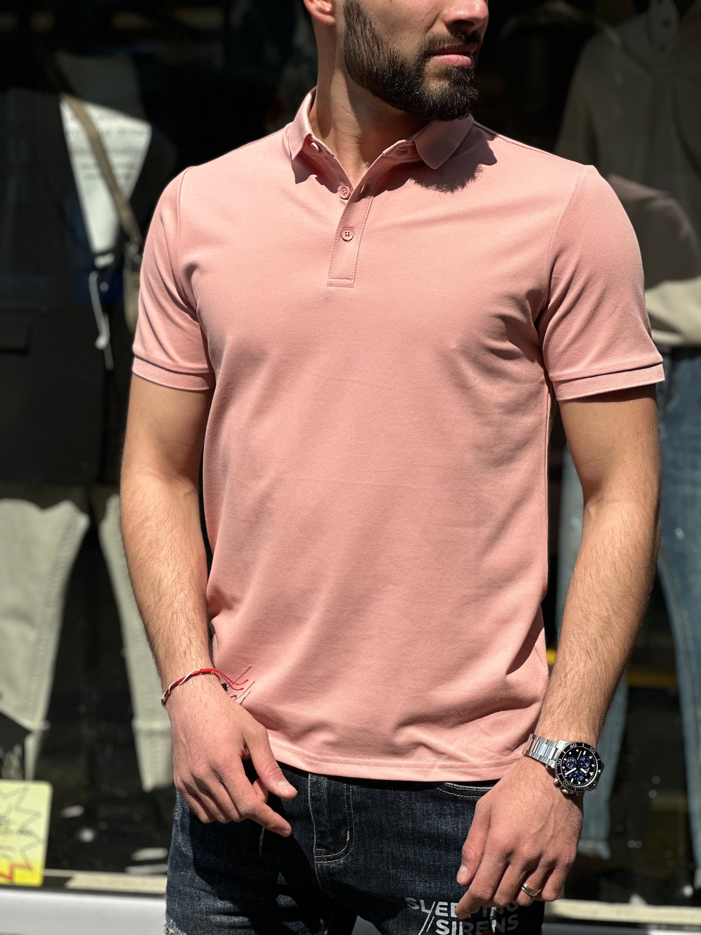 Мъжка розова тениска с якичка