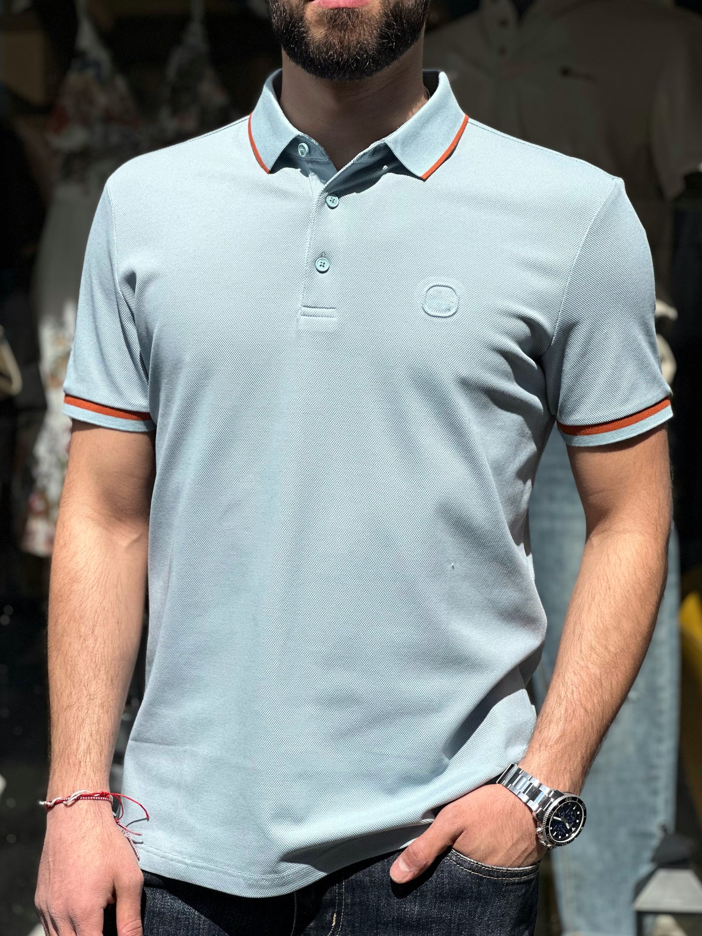 Мъжка синя тениска с якичка