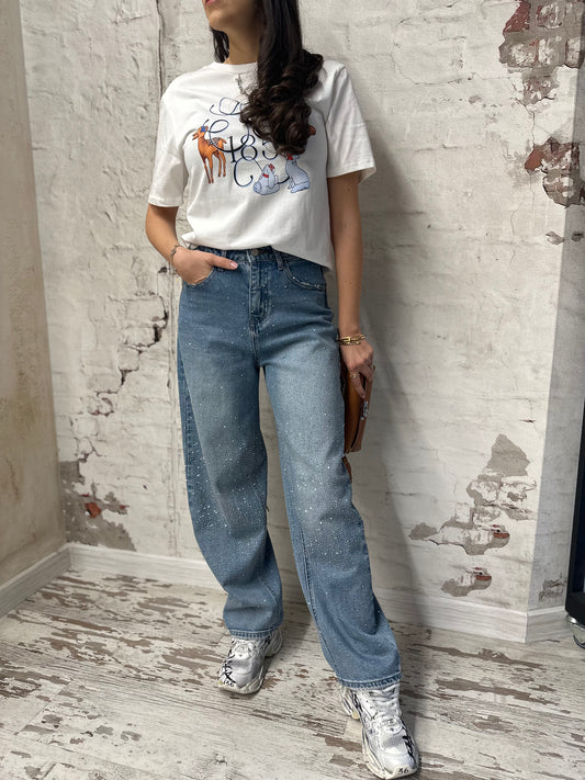 Дамски дънки с висока талия и фини камъни