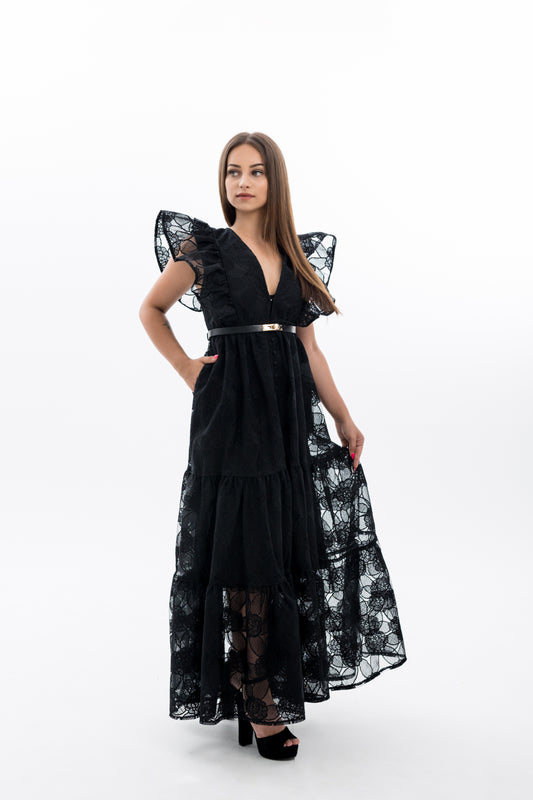 Дамска рокля с колан-черна