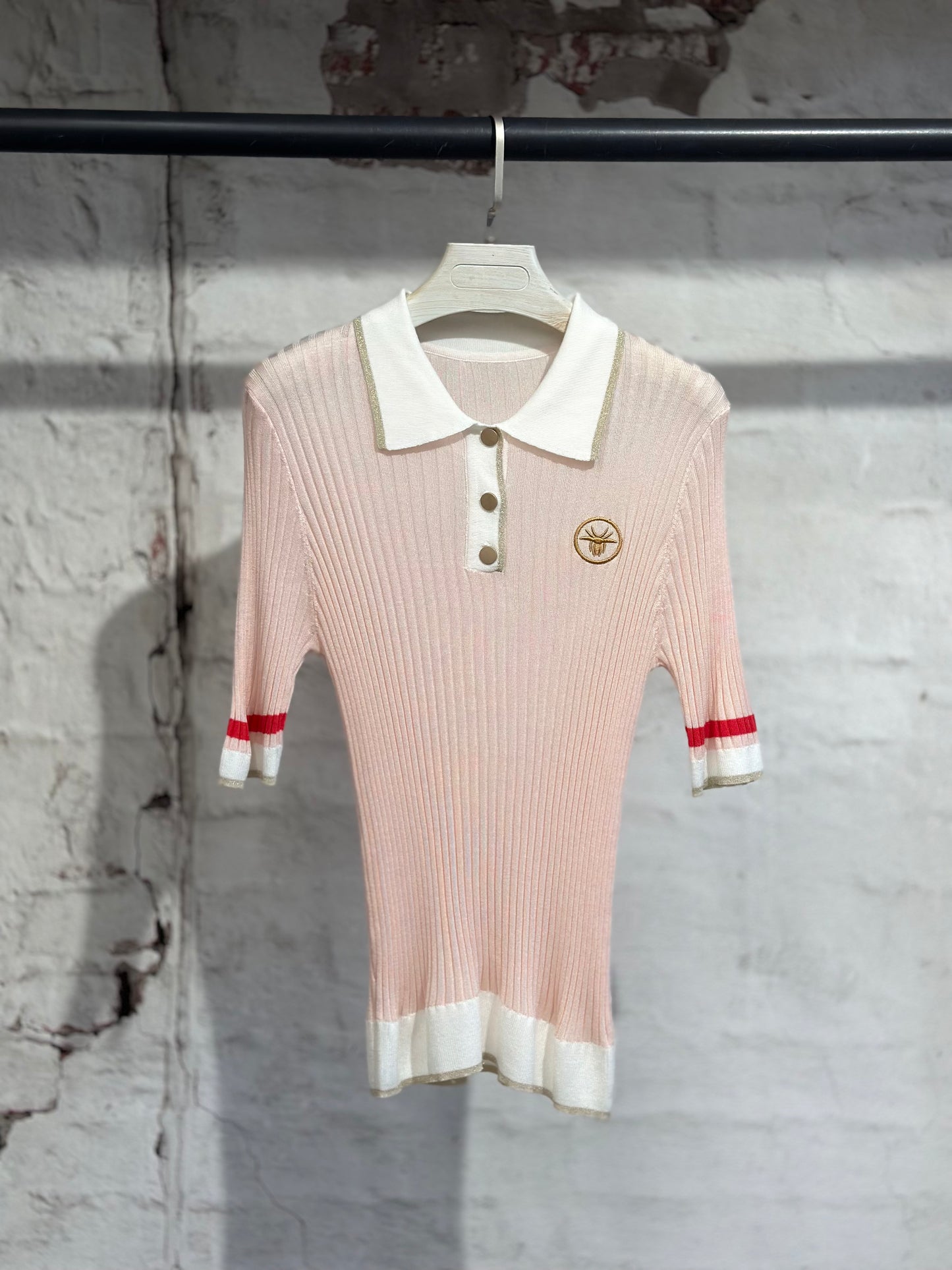 Дамска блуза тънко плетиво с якичка-розова