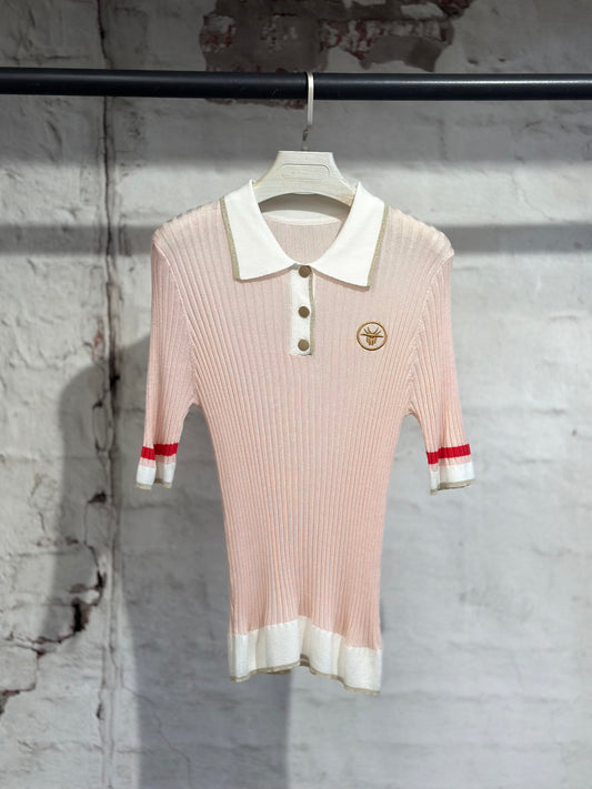 Дамска блуза тънко плетиво с якичка-розова