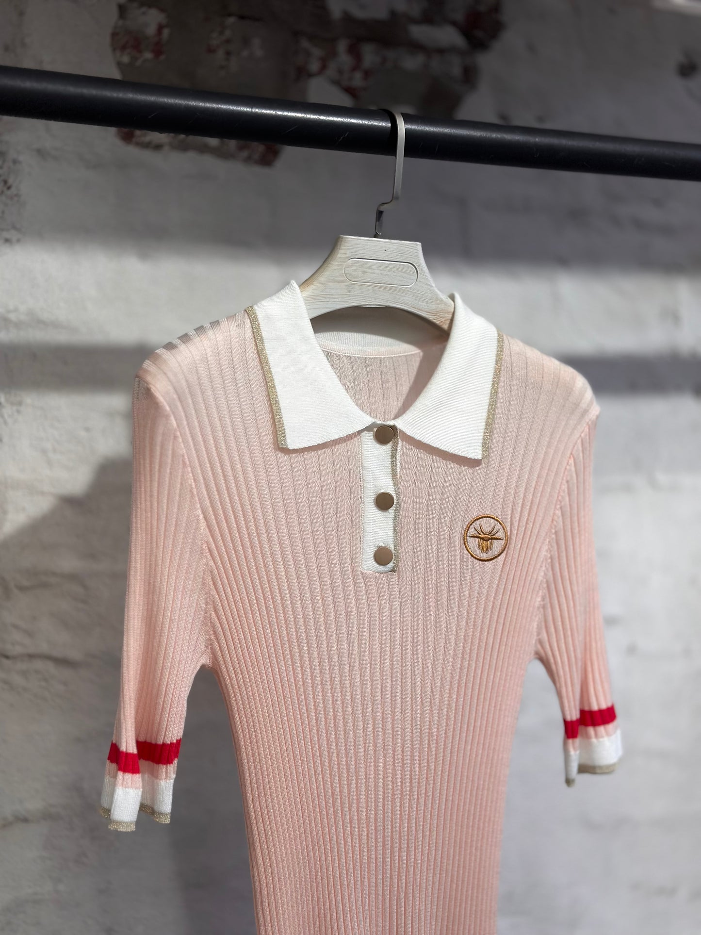 Дамска блуза тънко плетиво с якичка-розова