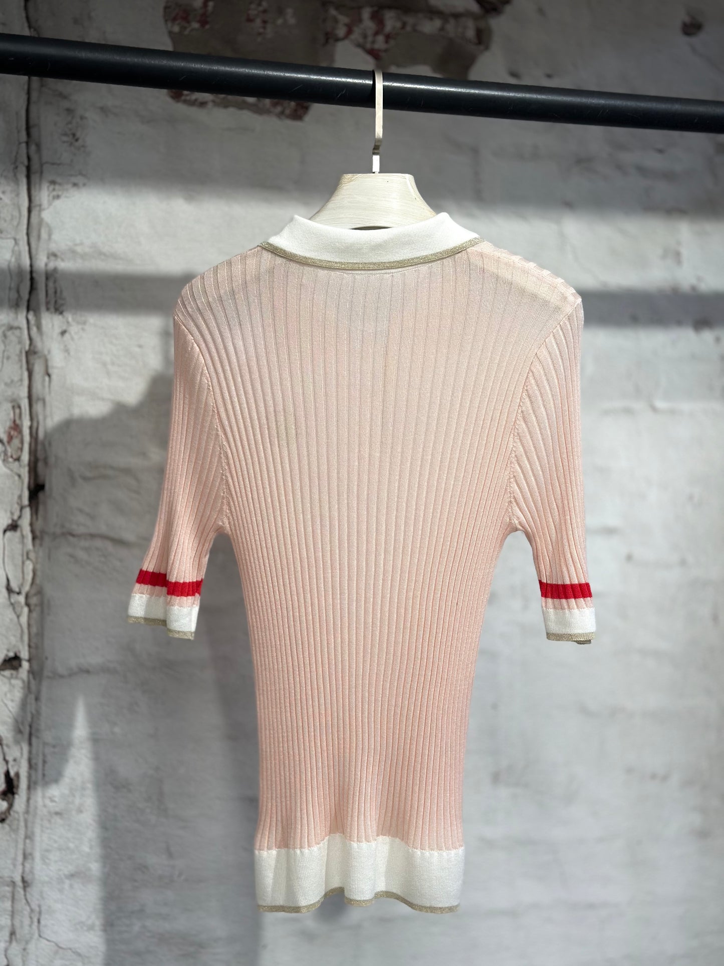 Дамска блуза тънко плетиво с якичка-розова