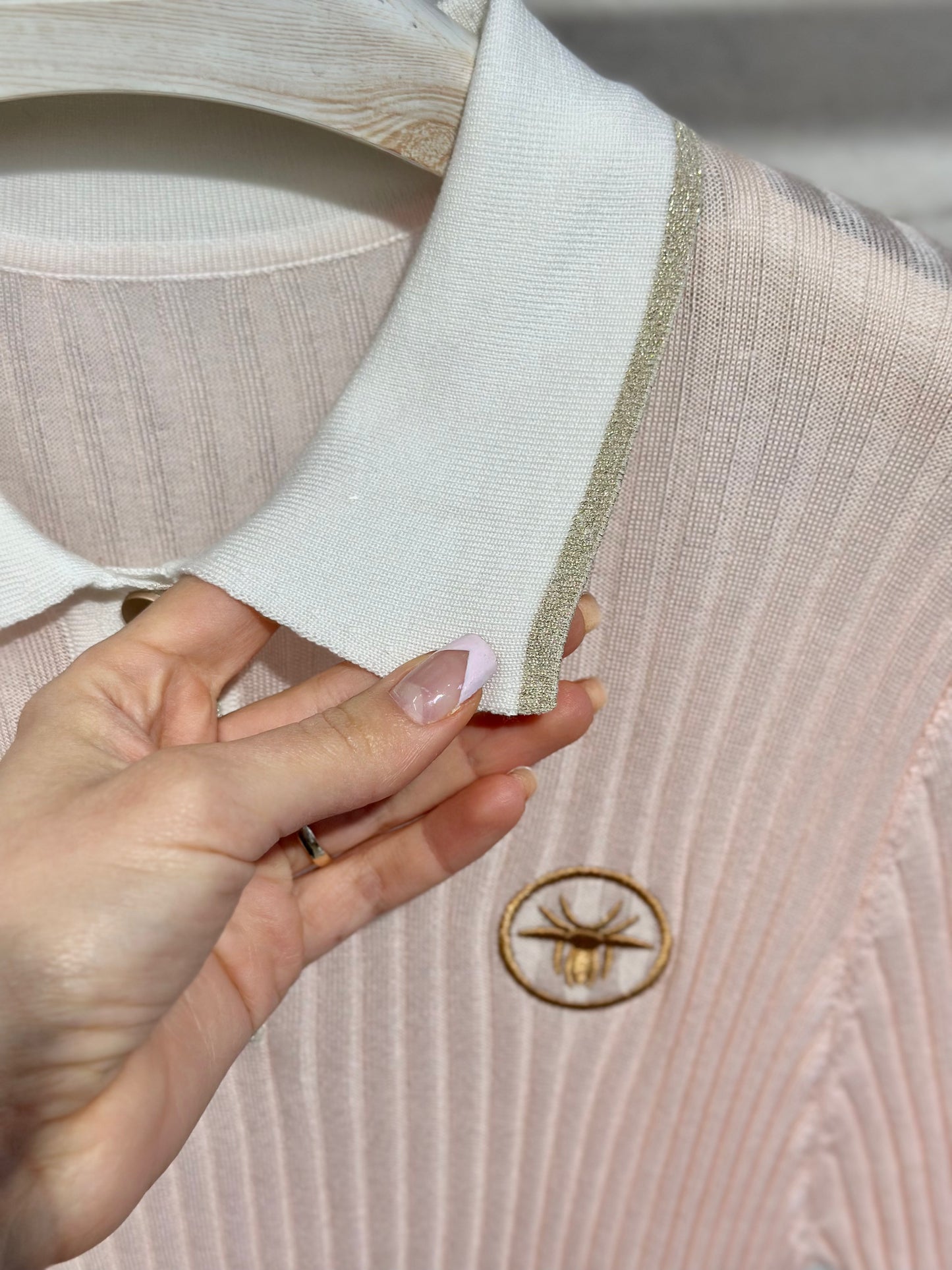 Дамска блуза тънко плетиво с якичка-розова