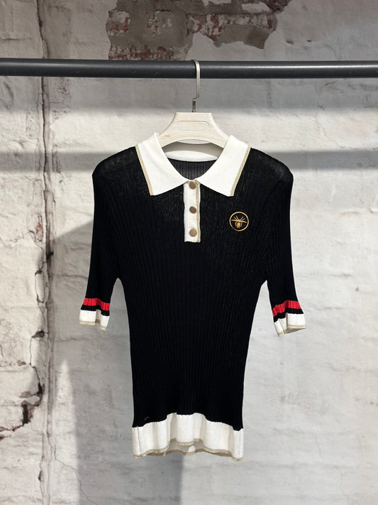 Дамска блуза тънко плетиво с якичка-черна