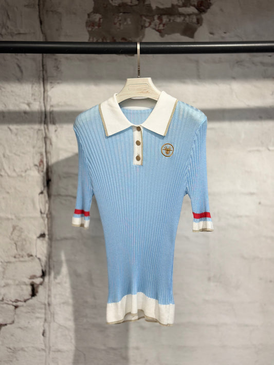 Дамска блуза тънко плетиво с якичка-синя