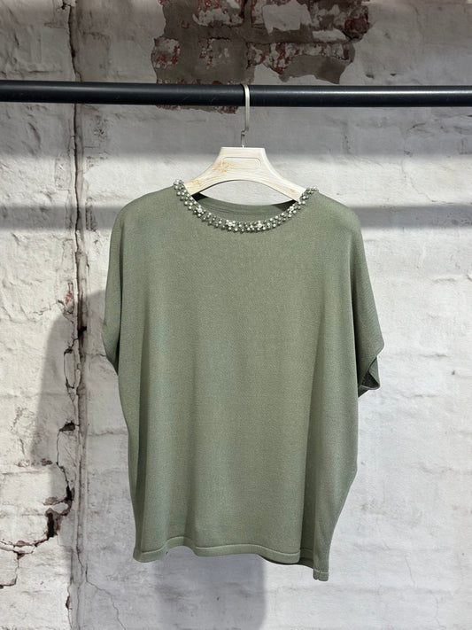Дамска блуза фино плетиво с перли-зелена