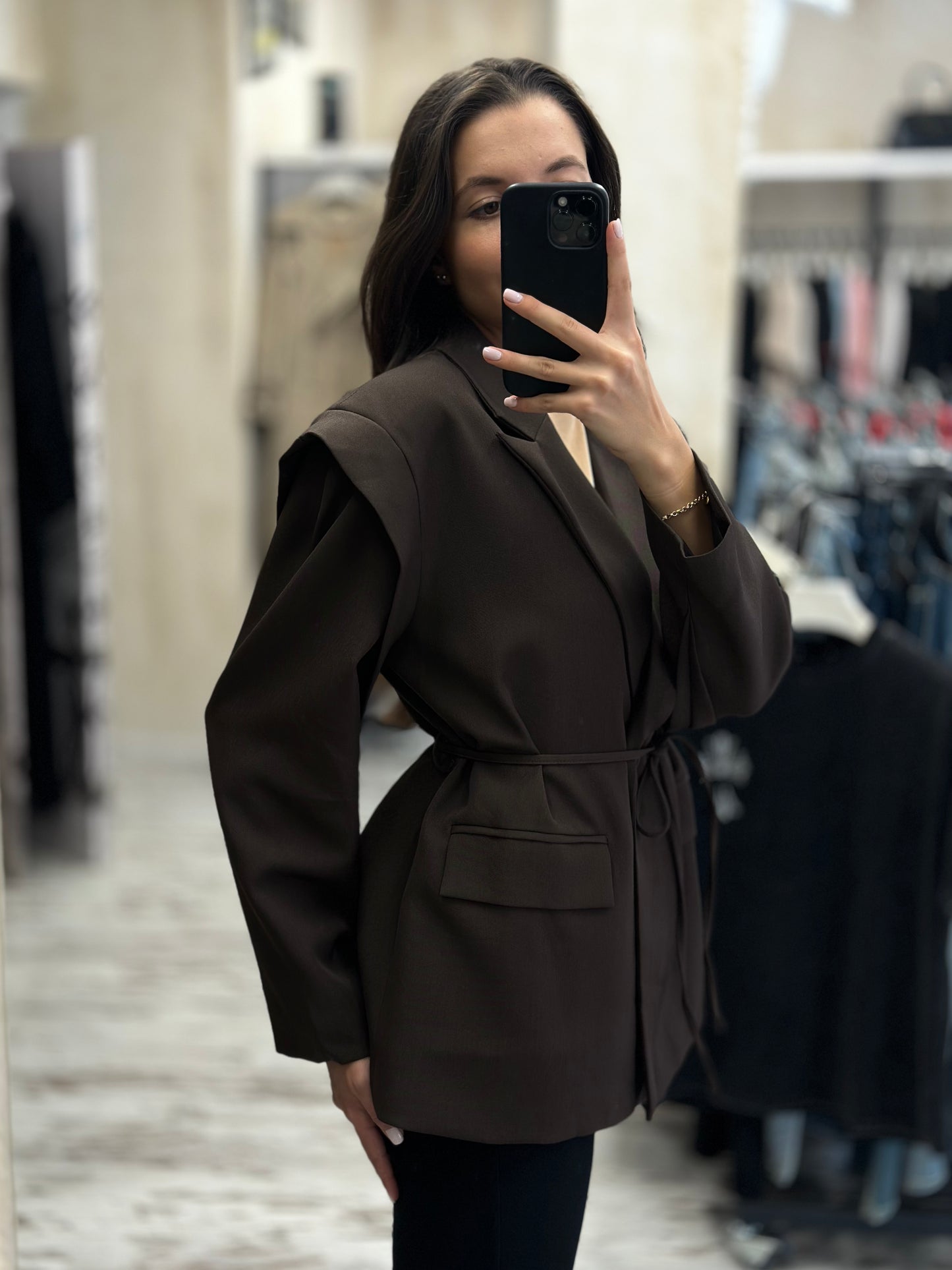 Дамско спортно-елегантно сако с връзки- кафяво