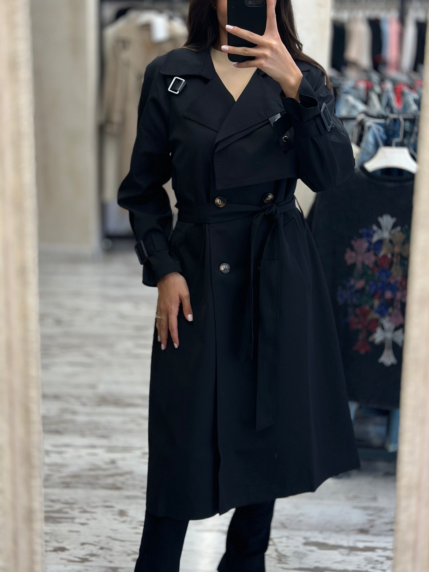 Дълъг шлифер с колан-черен