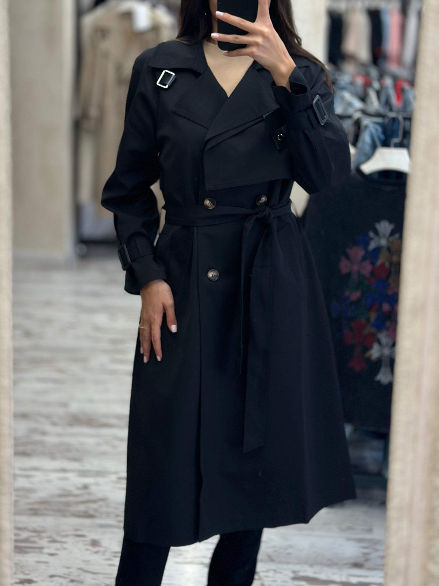 Дълъг шлифер с колан-черен