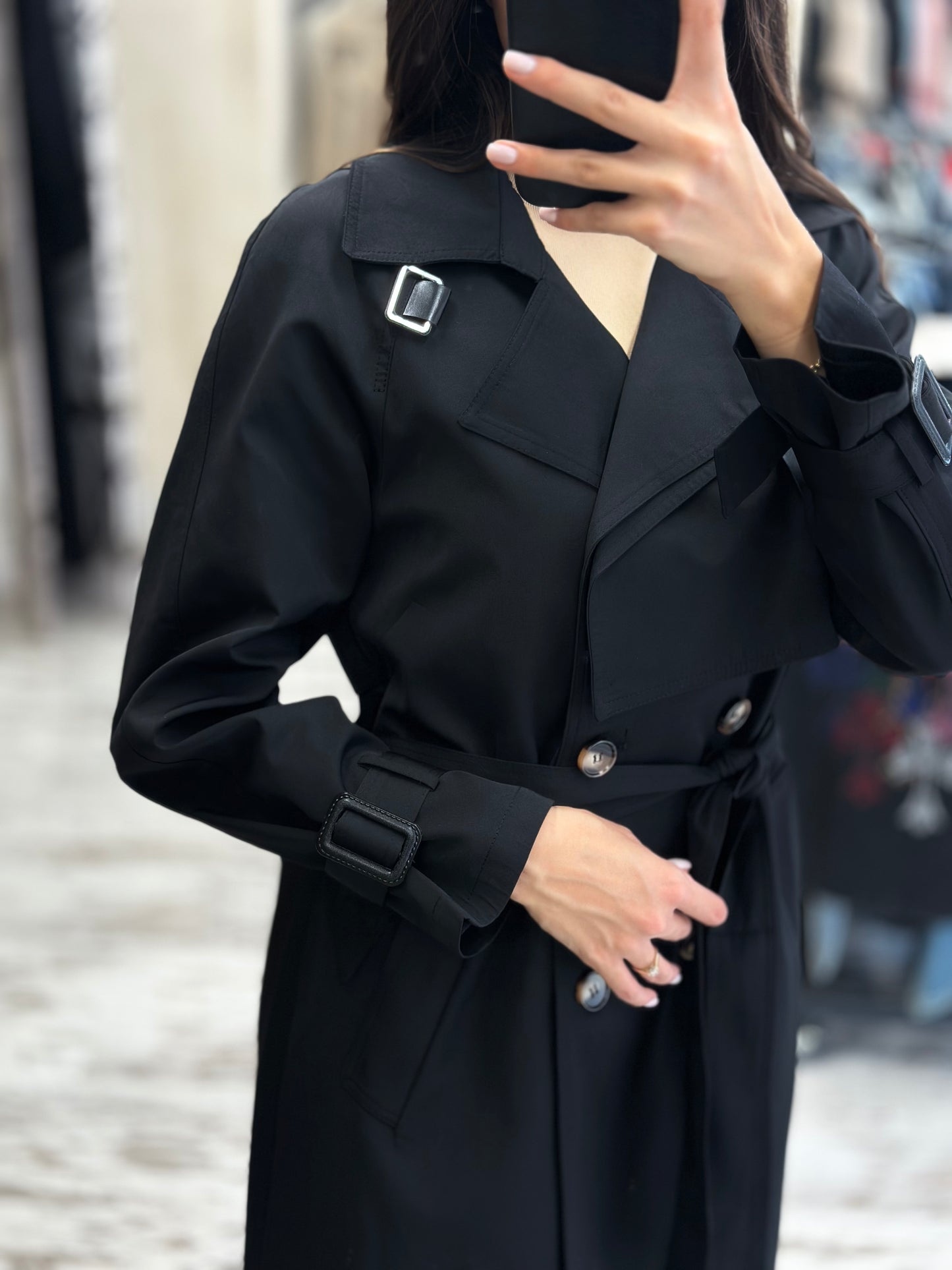 Дълъг шлифер с колан-черен