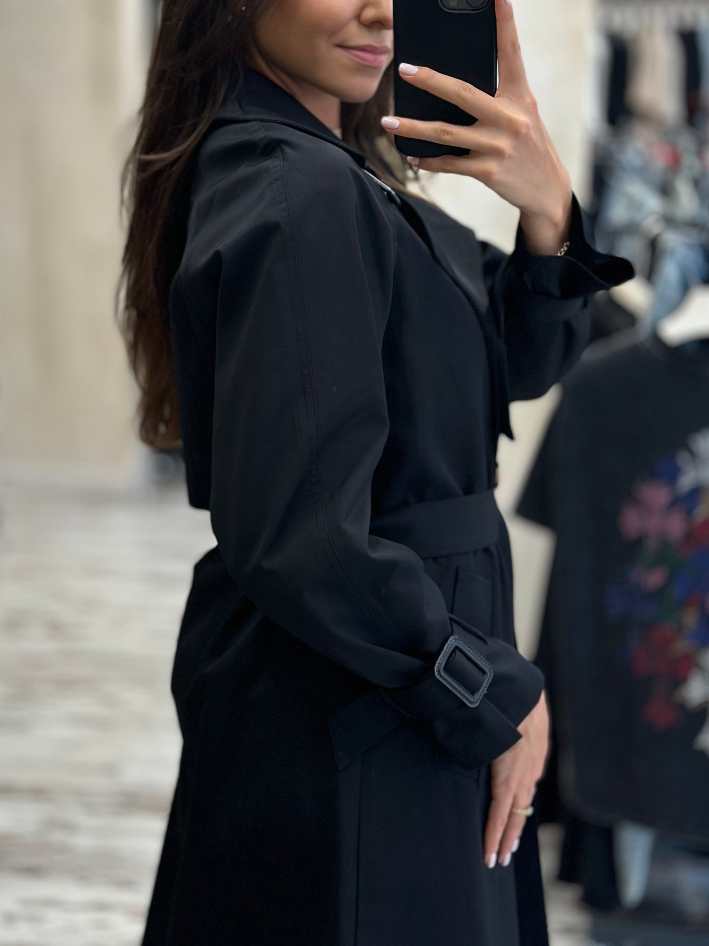 Дълъг шлифер с колан-черен