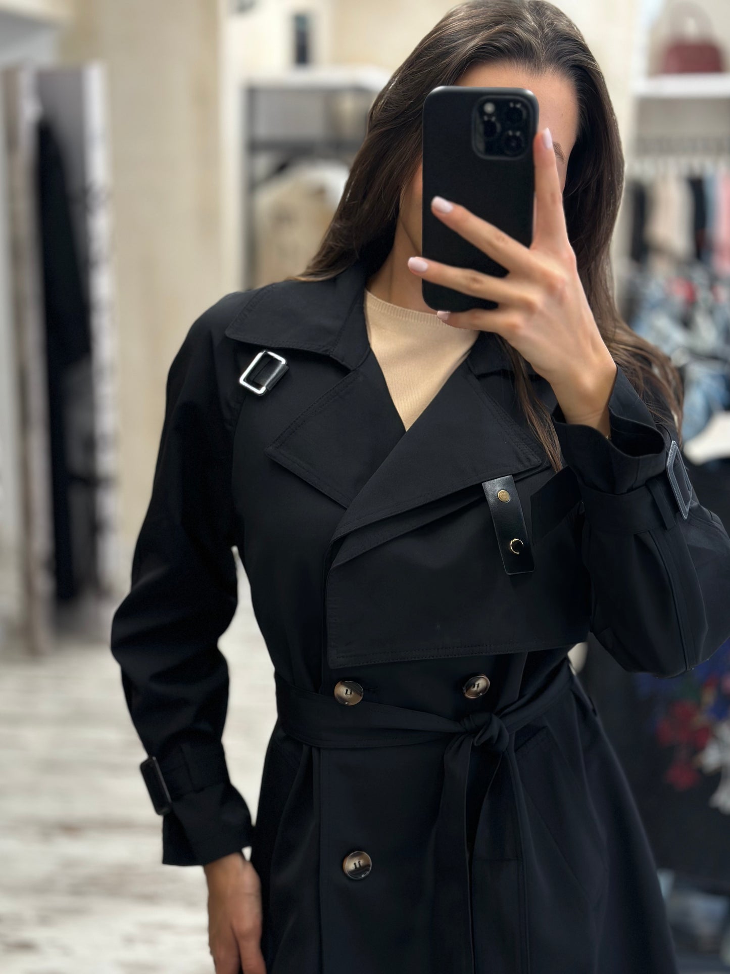 Дълъг шлифер с колан-черен