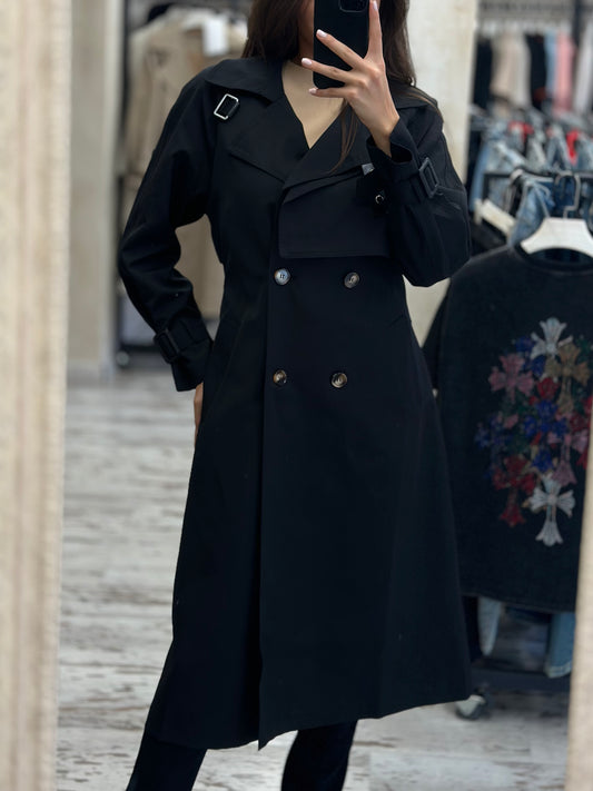 Дълъг шлифер с колан-черен