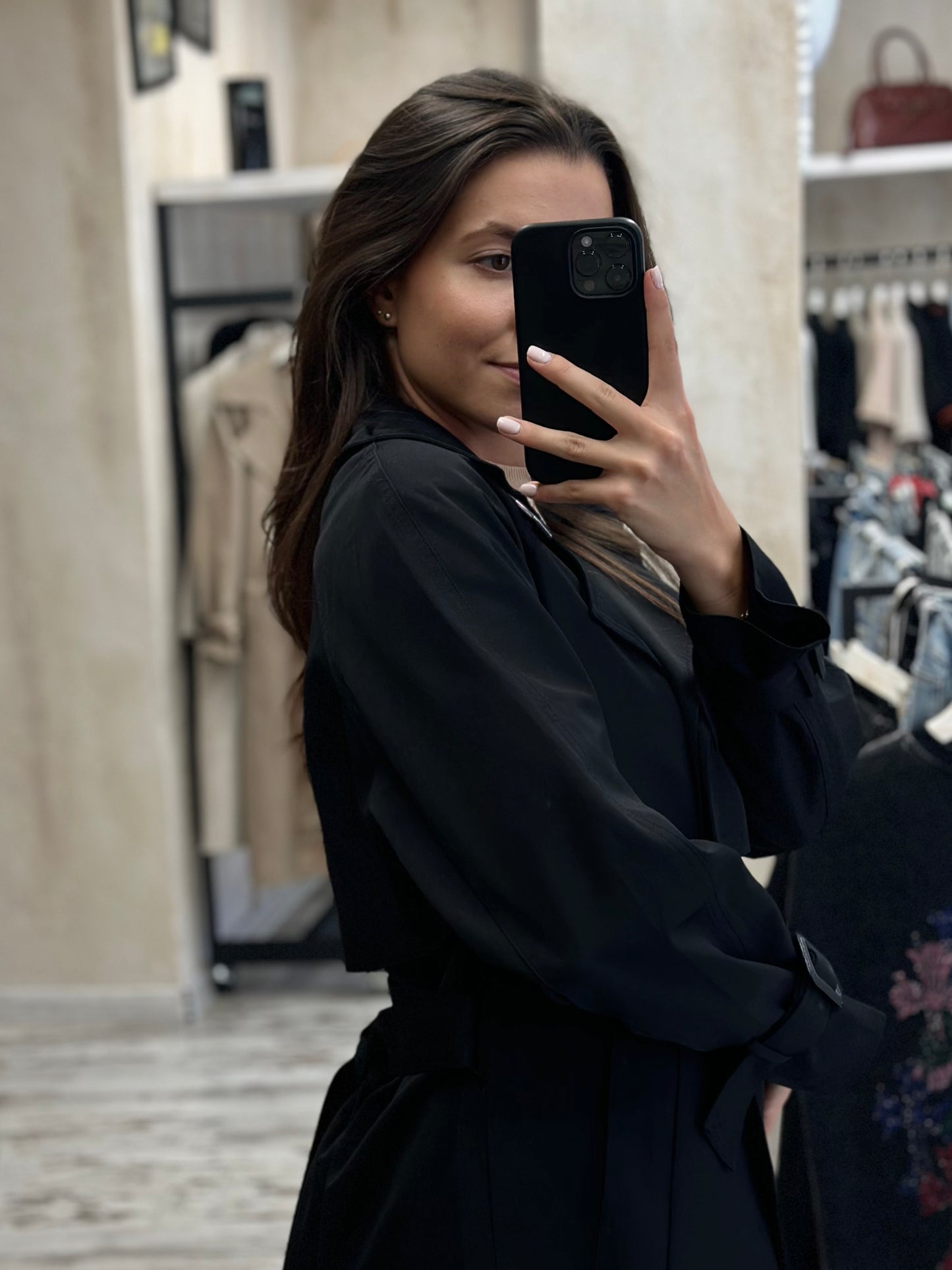 Дълъг шлифер с колан-черен