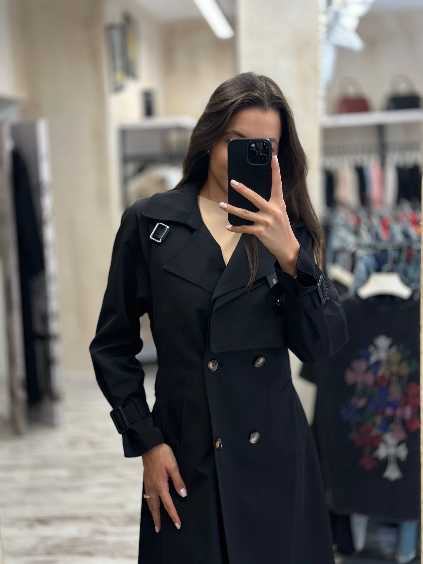 Дълъг шлифер с колан-черен