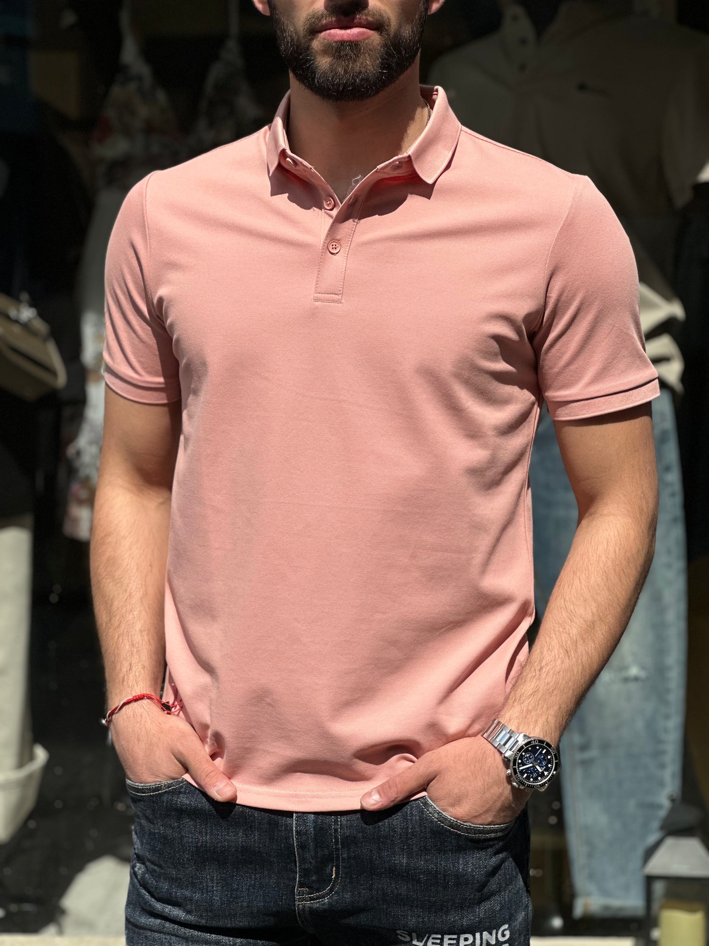 Мъжка розова тениска с якичка