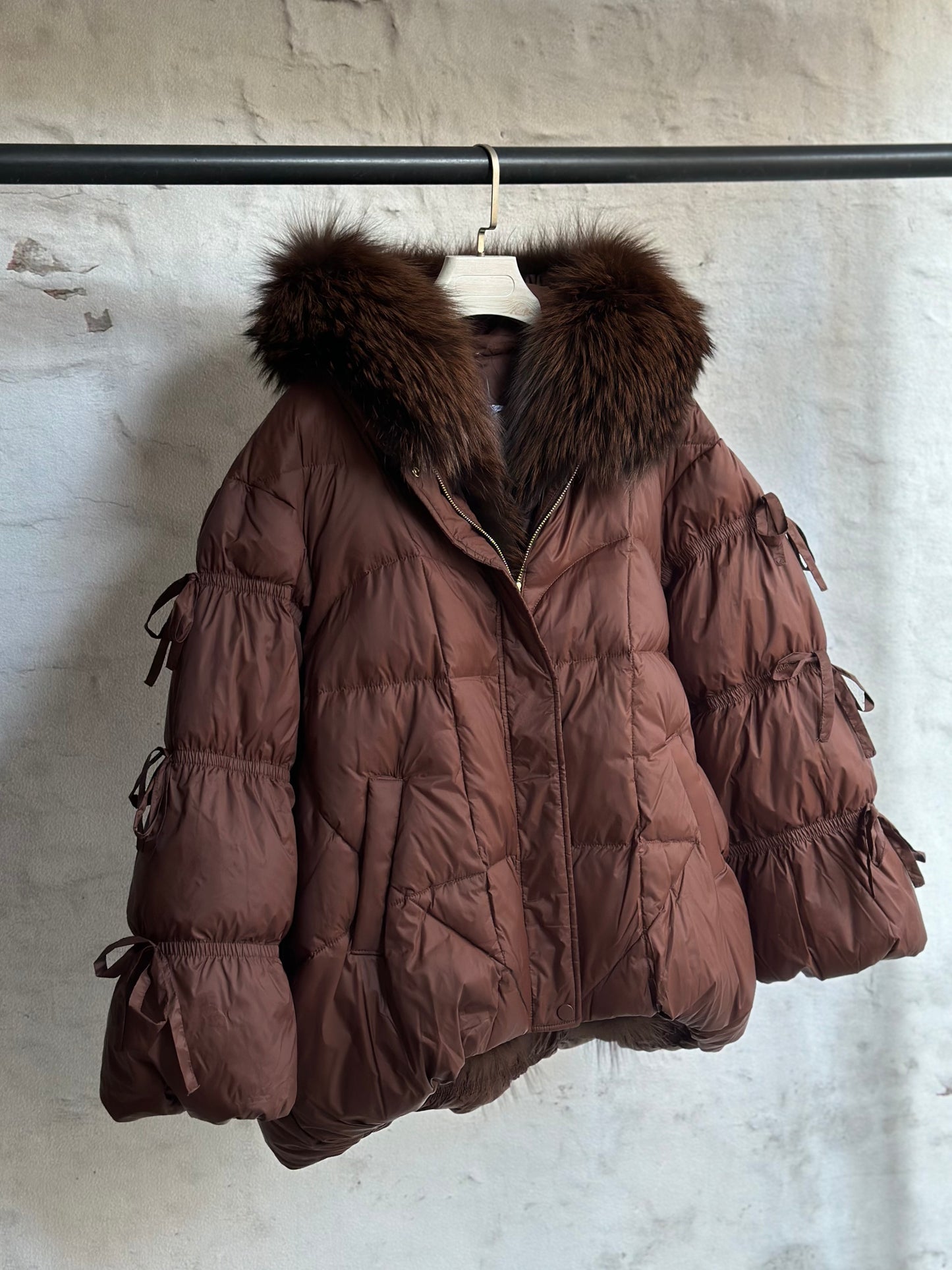 Дамско яке с гъши пух и естествен косъм- кафяво