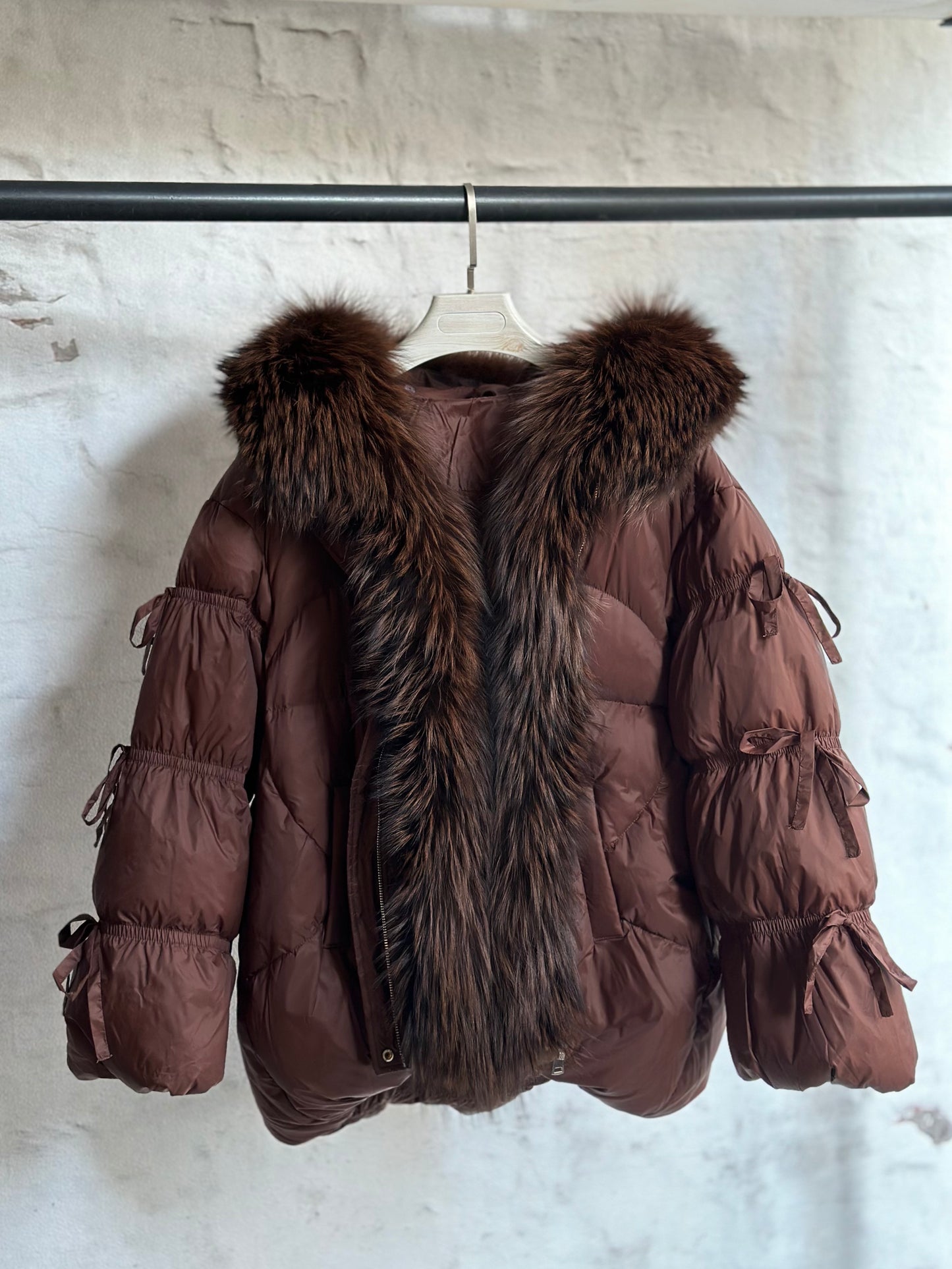 Дамско яке с гъши пух и естествен косъм- кафяво