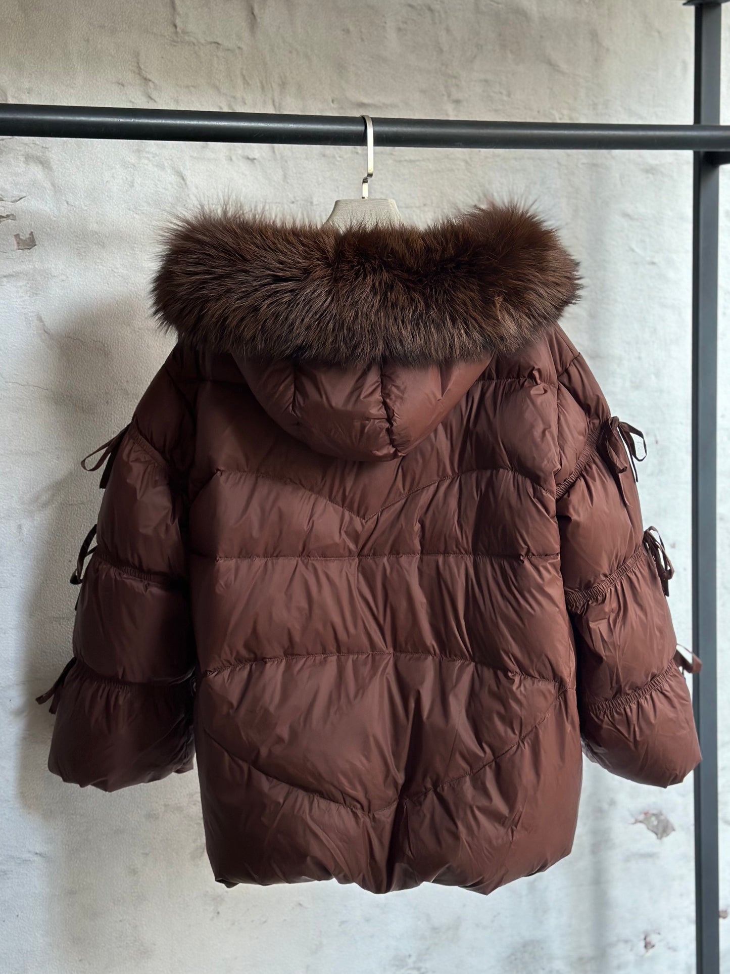 Дамско яке с гъши пух и естествен косъм- кафяво