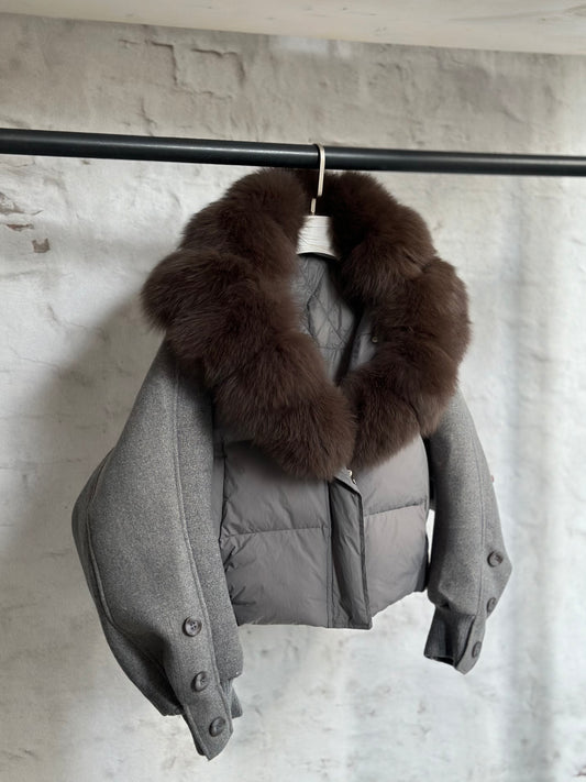 Дамско яке с гъши пух и естествен кафяв косъм-светло сиво