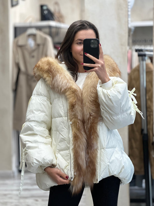 Дамско яке с гъши пух и естествен косъм- бяло