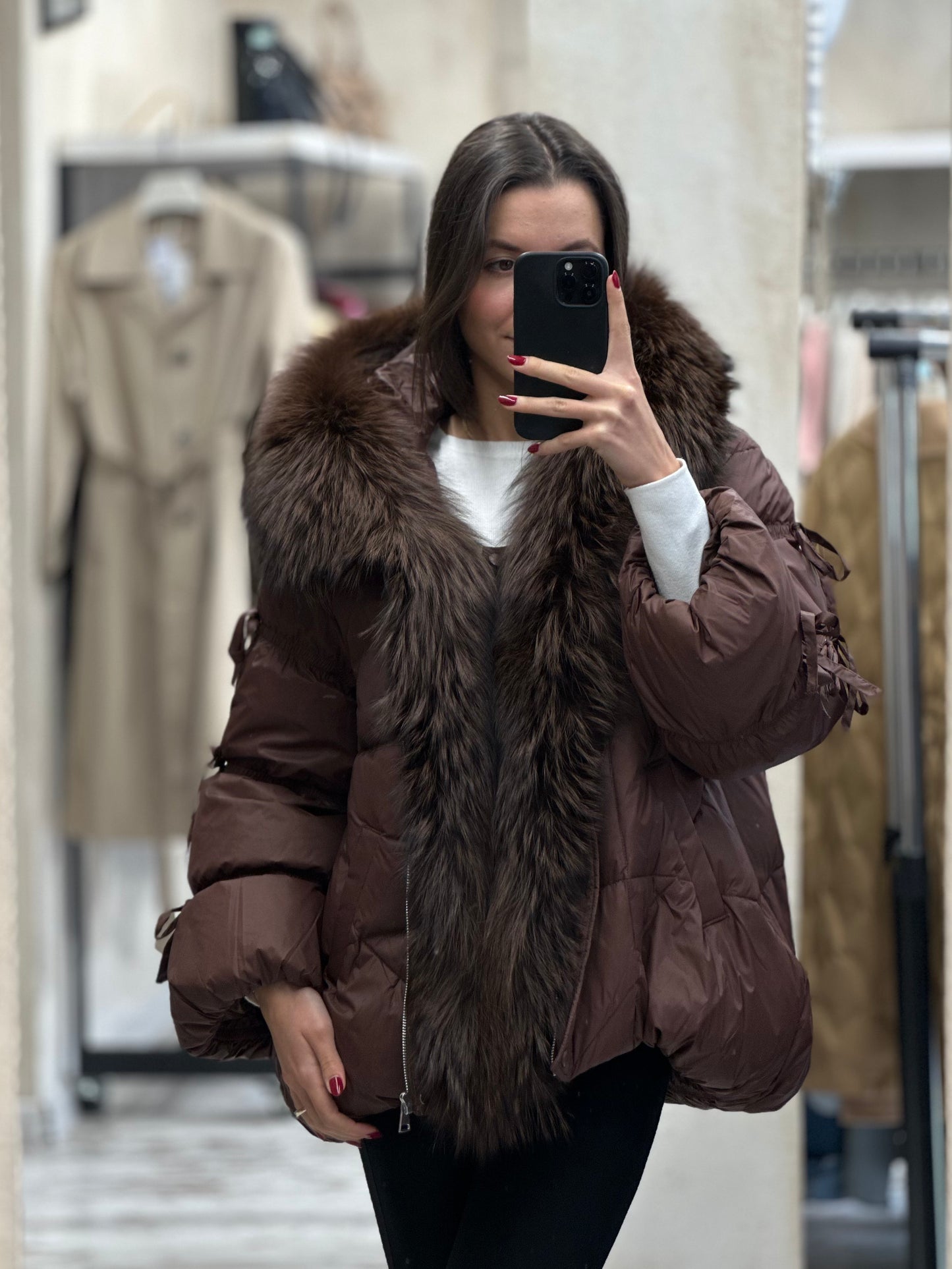 Дамско яке с гъши пух и естествен косъм- кафяво