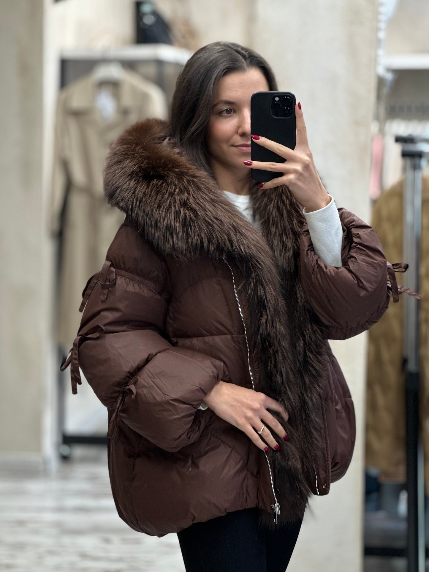 Дамско яке с гъши пух и естествен косъм- кафяво