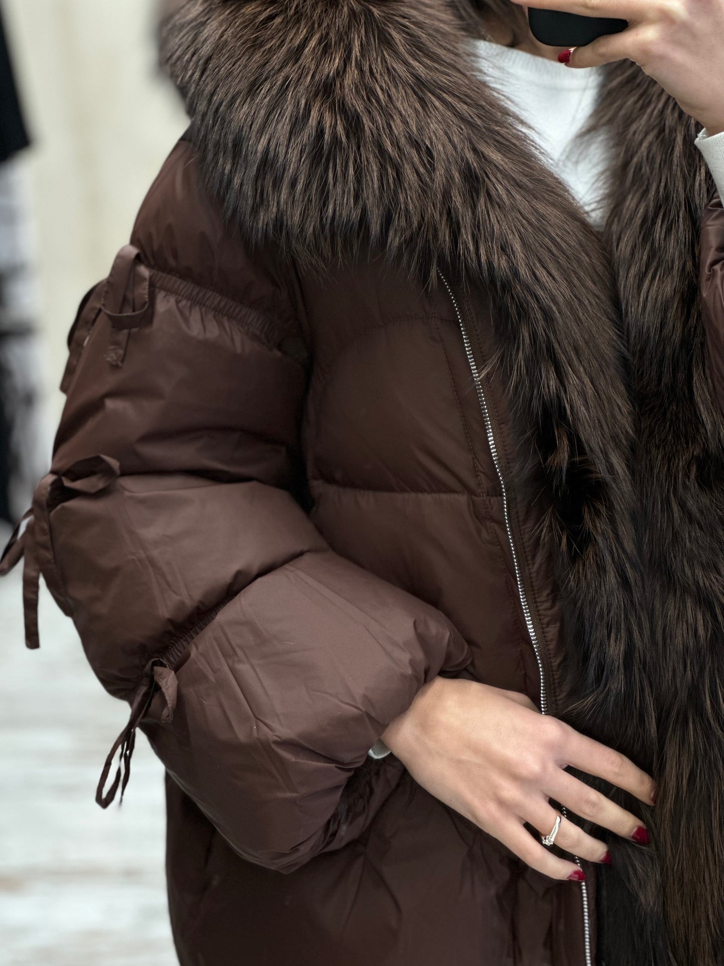 Дамско яке с гъши пух и естествен косъм- кафяво