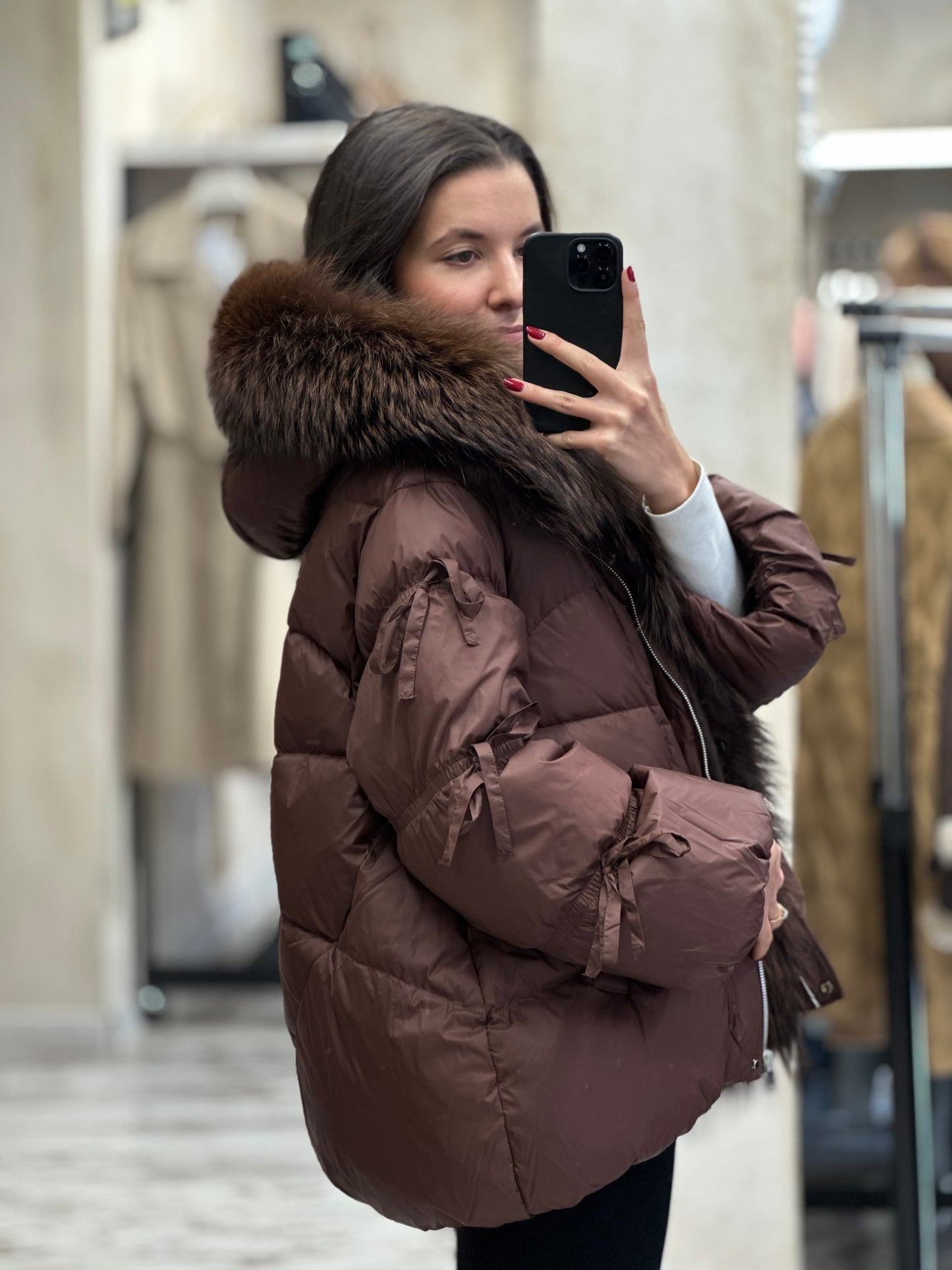 Дамско яке с гъши пух и естествен косъм- кафяво