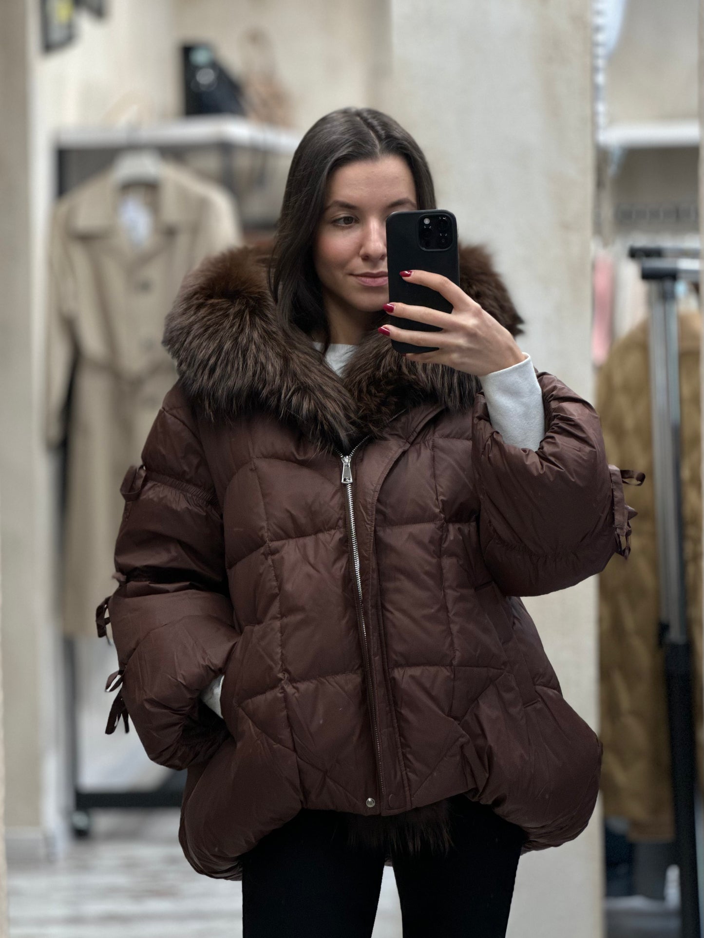 Дамско яке с гъши пух и естествен косъм- кафяво