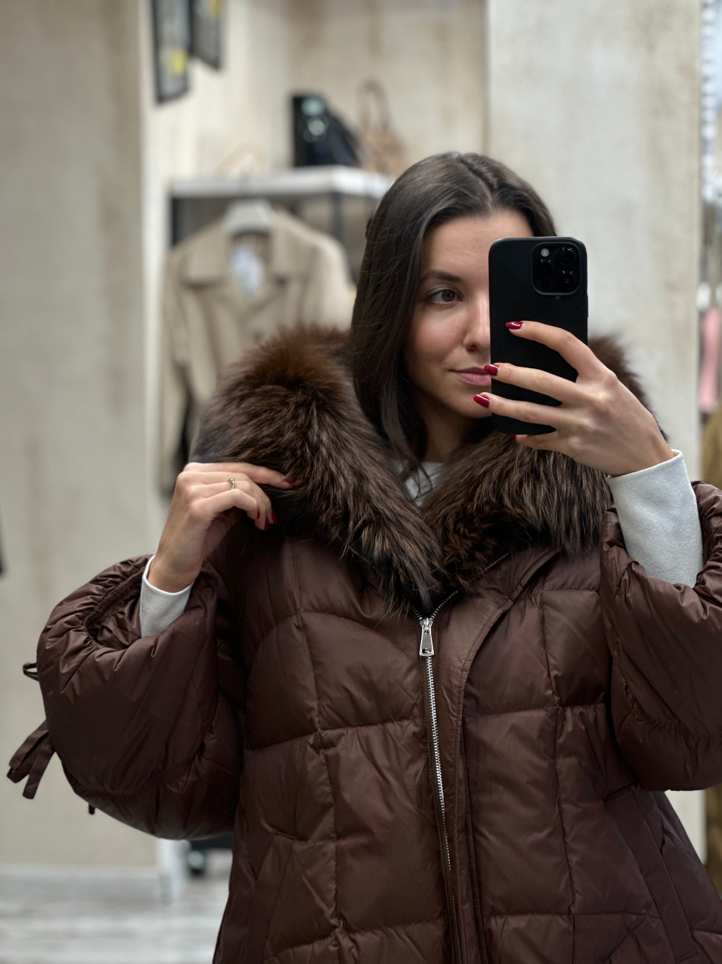 Дамско яке с гъши пух и естествен косъм- кафяво