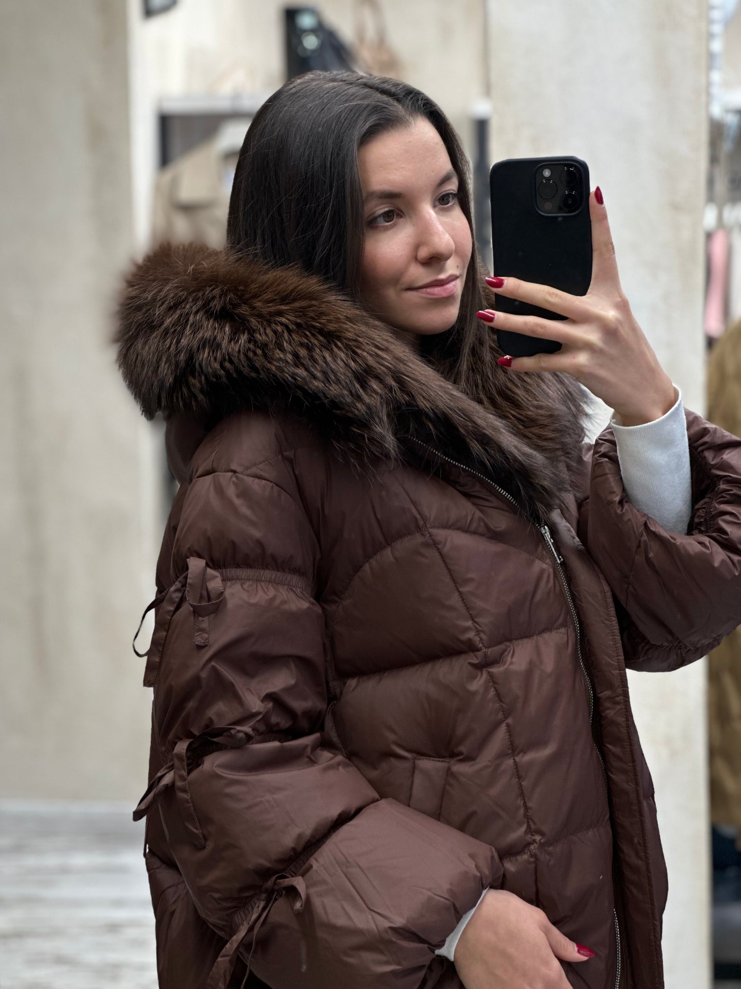 Дамско яке с гъши пух и естествен косъм- кафяво