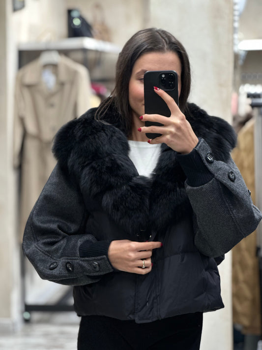 Дамско яке с гъши пух и естествен черен косъм